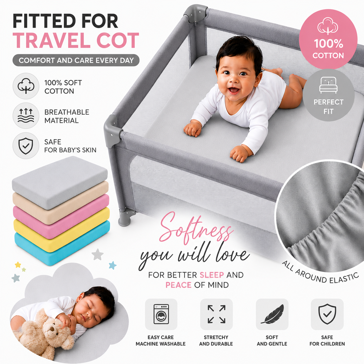 2PC Baby Jersey Organic 100% Cotton Fitted Sheet for Travel Cot Mattress 95x65cm (Light Grey)