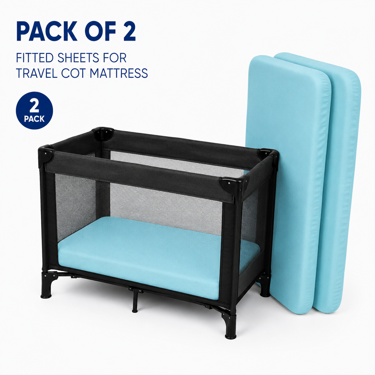 Share 2PC Baby Jersey Organic 100% Cotton Fitted Sheet for Travel Cot Mattress 95x65cm (Blue)