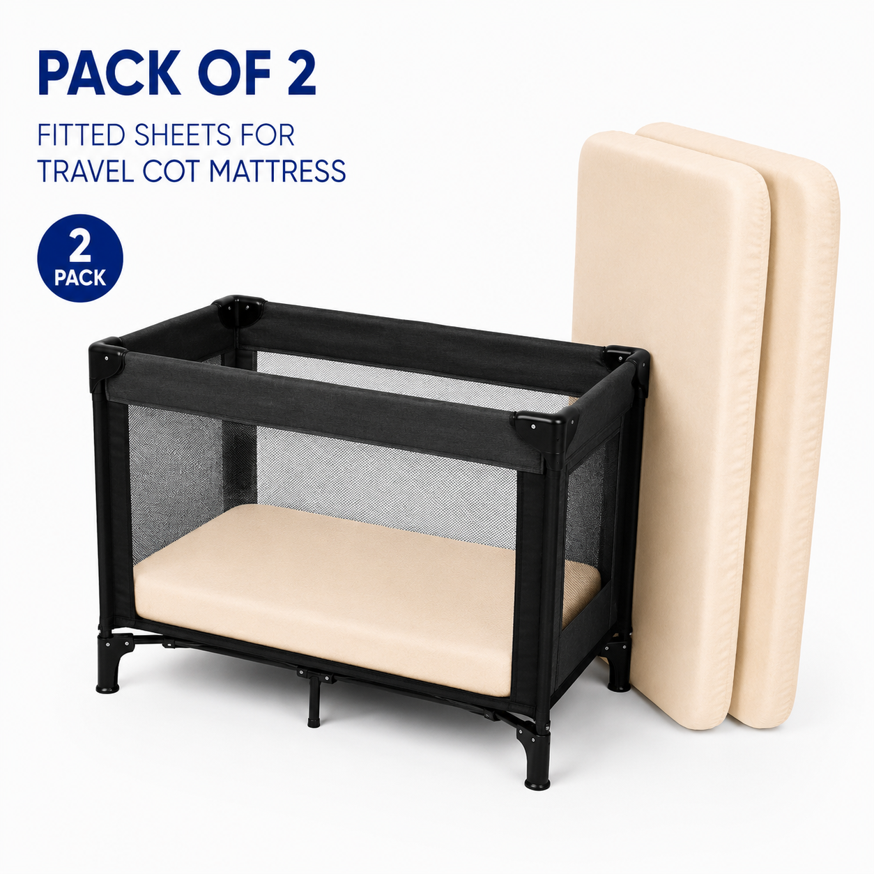 2PC Baby Jersey Organic 100% Cotton Fitted Sheet for Travel Cot Mattress 95x65cm (Beige)