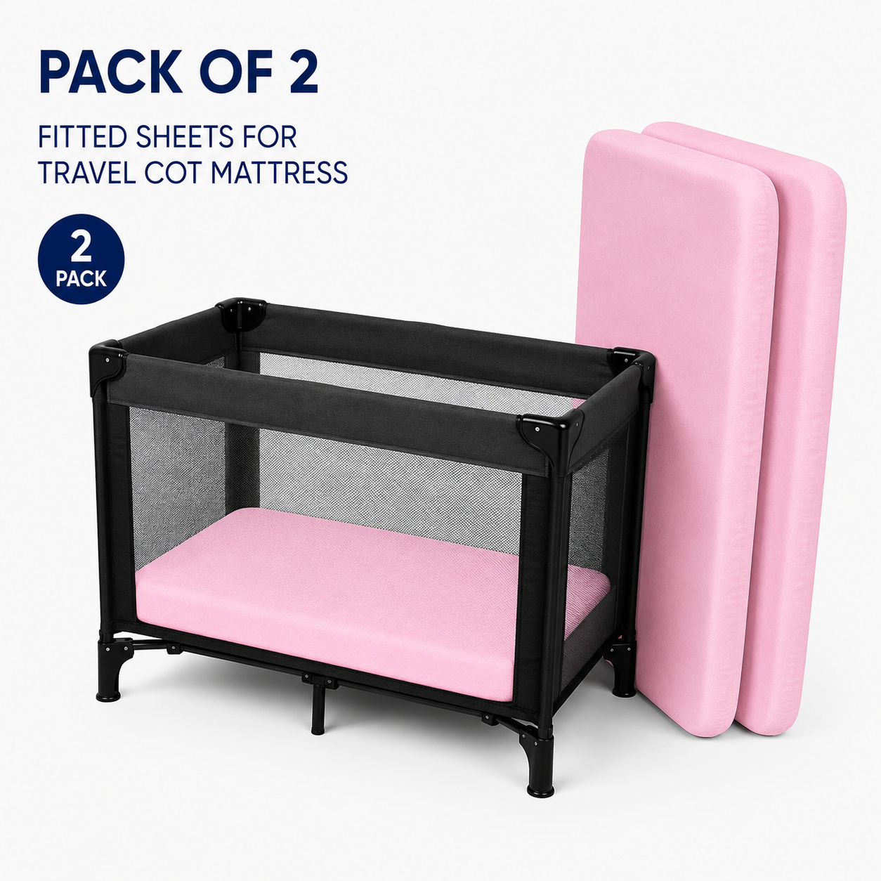 2PC Baby Jersey Organic 100% Cotton Fitted Sheet for Travel Cot Mattress 95x65cm (Pink)