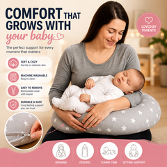 Baby Feeding Pillow + Removable Cover Small White Stars with Grey - MyHappy Baby