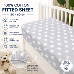 Baby Fitted Cot Sheet Printed Design 100% Cotton Mattress 120X60 cm Big White Stars On Grey - MyHappy Baby
