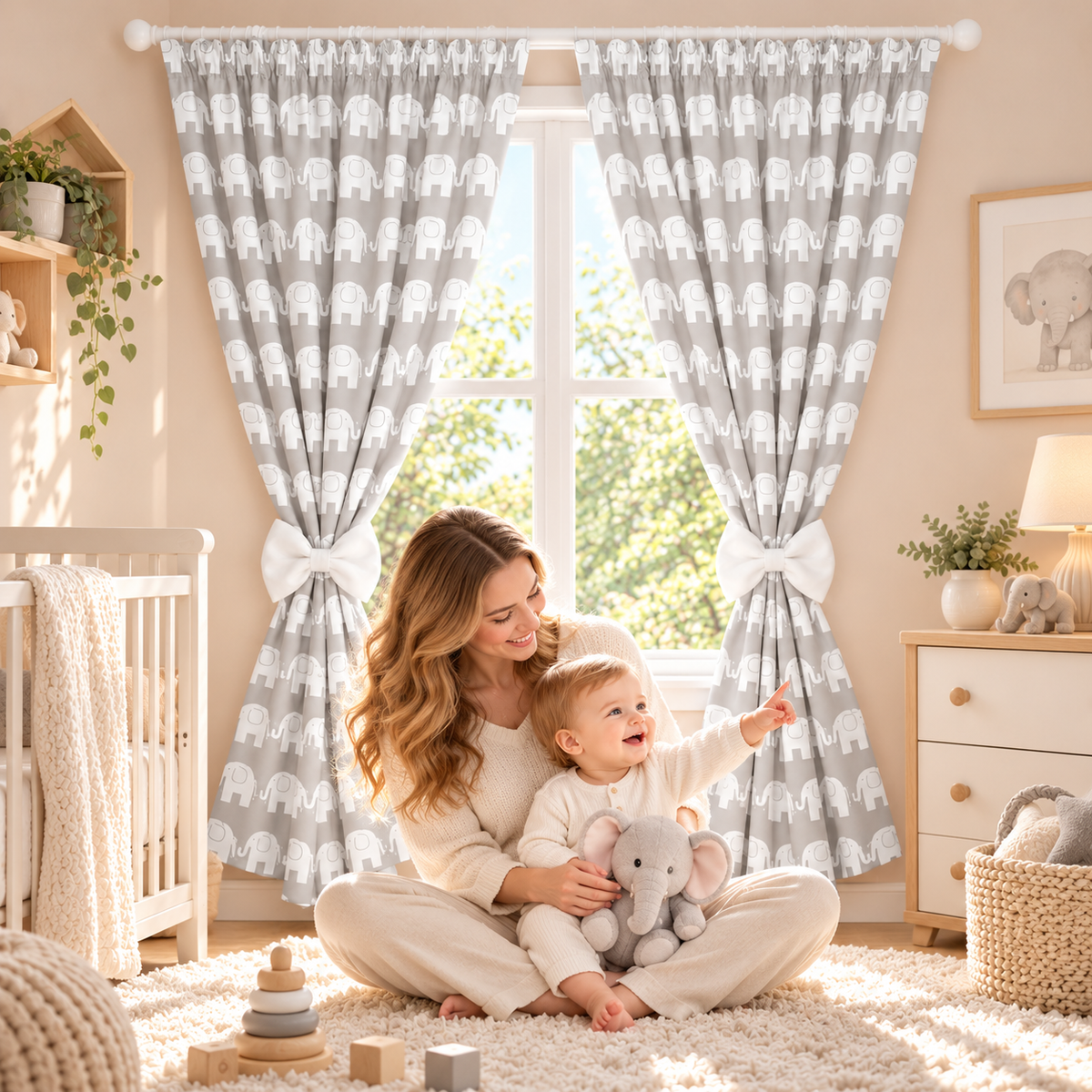 Nursery Curtains for Babies & Toddler's Bedroom Elephants grey
