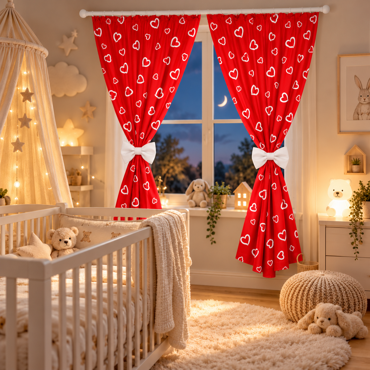 Nursery Curtains for Babies & Toddler's Bedroom White hearts on red