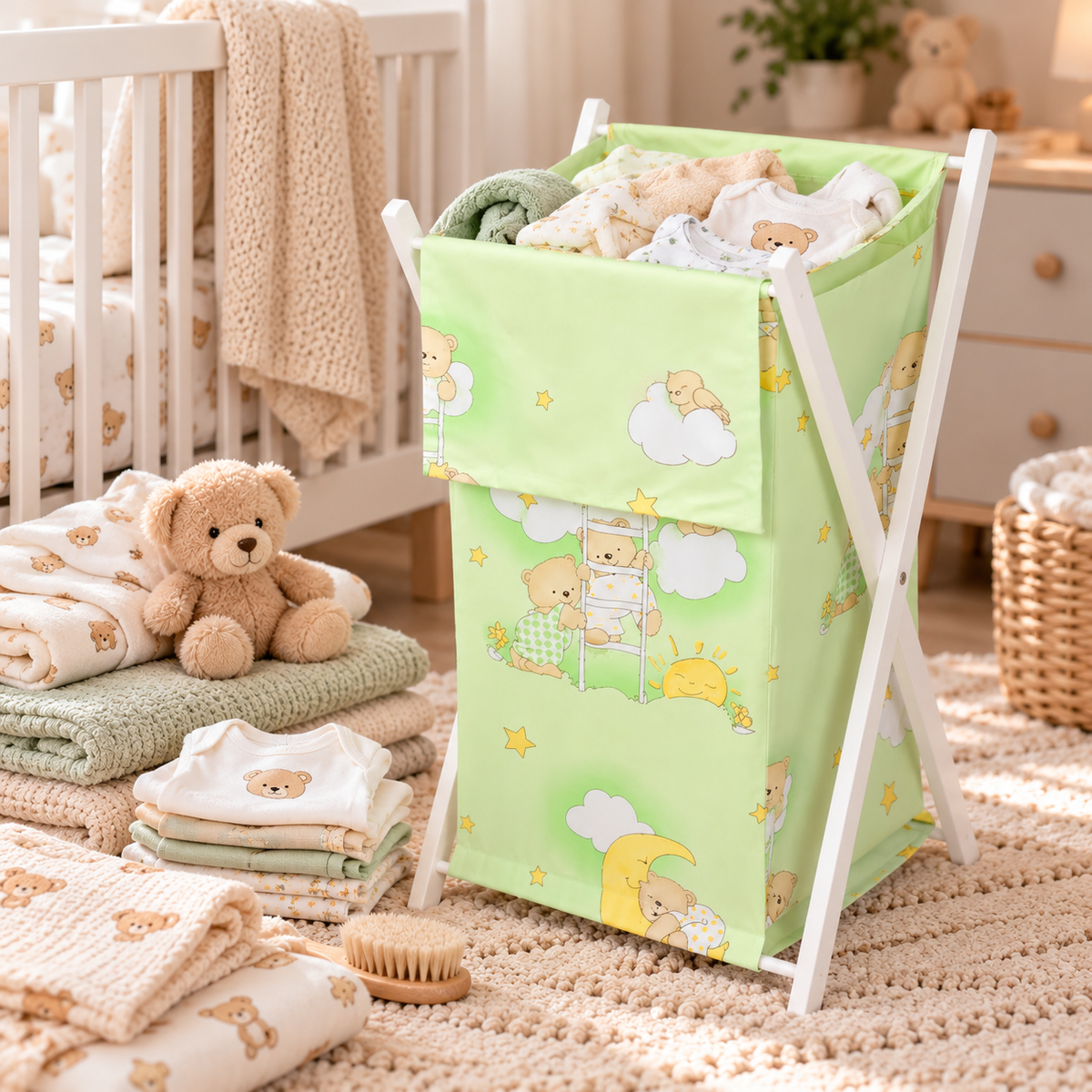 Laundry Basket with white wooden frame and storage removable linen Ladder Green