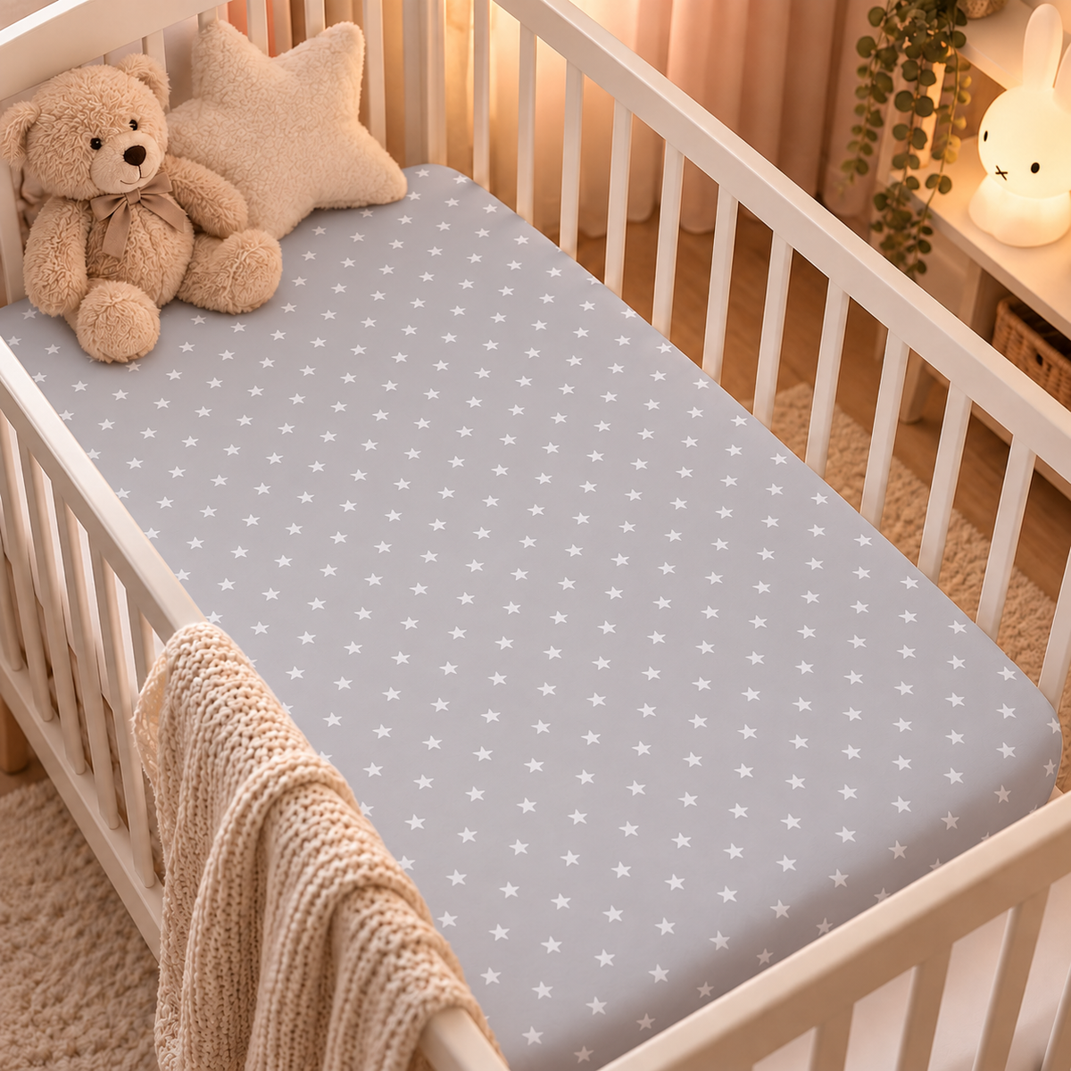 Baby Fitted Cot Bed Sheet Printed 100% Cotton Mattress 140X70cm Small White Stars On Grey - MyHappy Baby