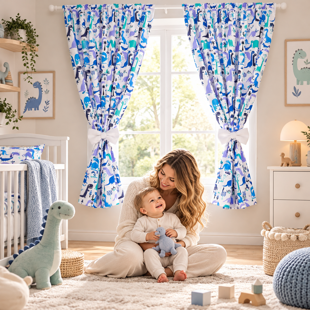 Nursery Curtains for Babies & Toddler's Bedroom Dino blue