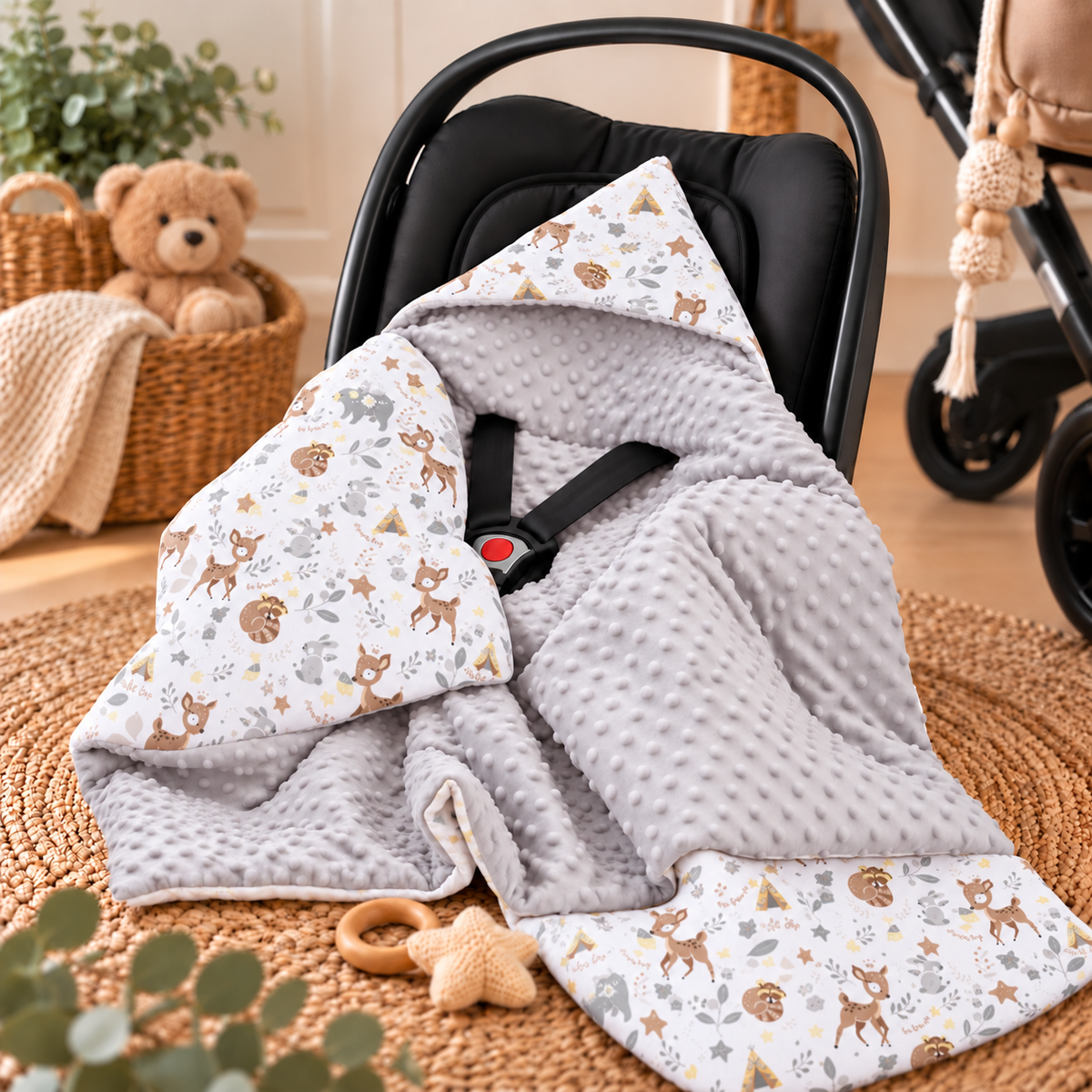 Baby Car Seat Deer and Friends Hooded Blanket Double-sided Snuggle Swaddle Wrap