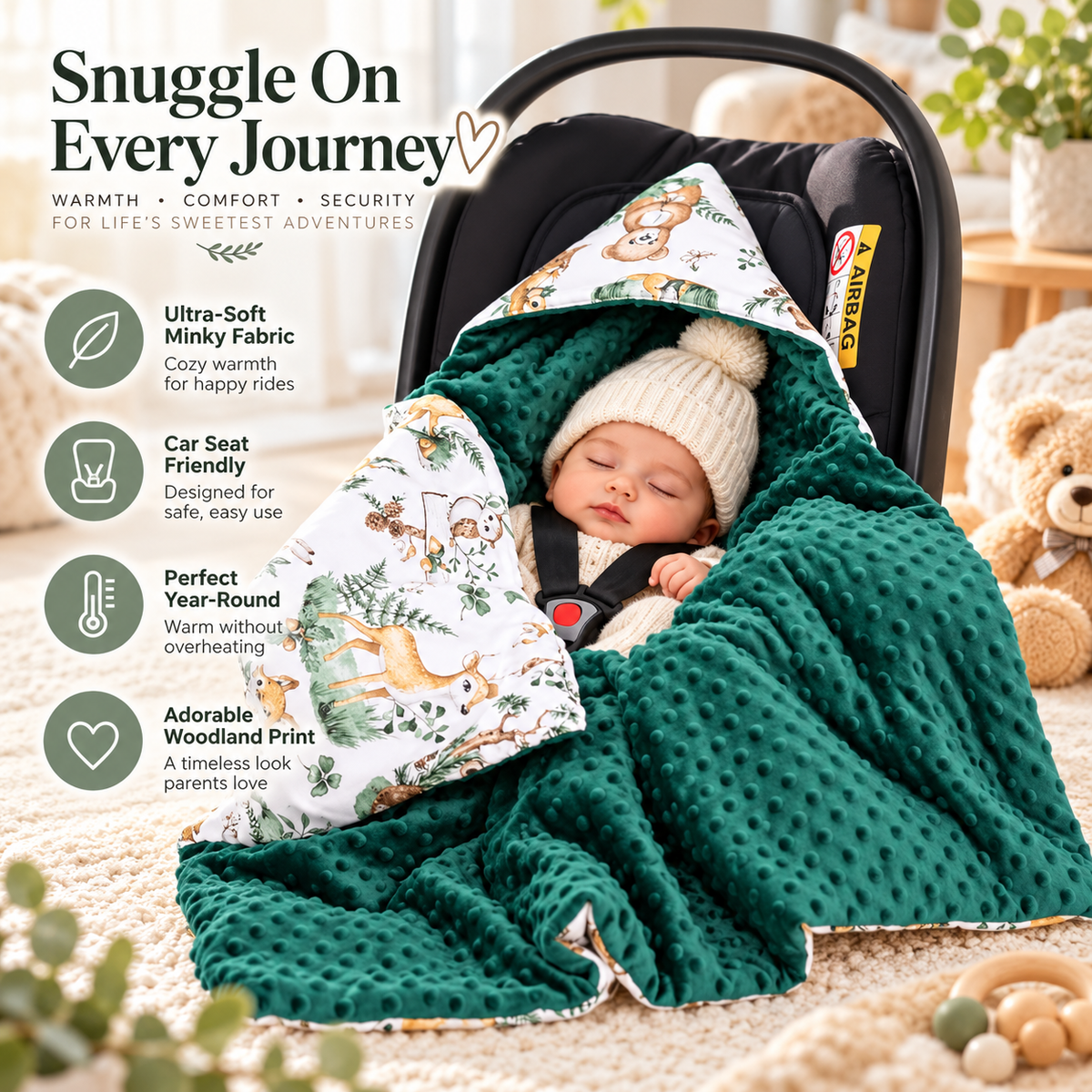 Baby Car Seat Hooded Blanket Double-sided Snuggle Swaddle Wrap Green / Animals in the Forest