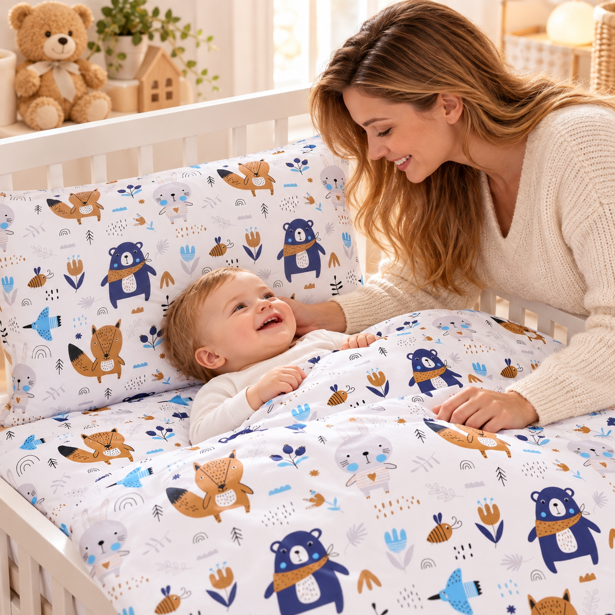 Baby Bedding 2pc 120x90cm Pillowcase Duvet Cover BOHO Animals Navy