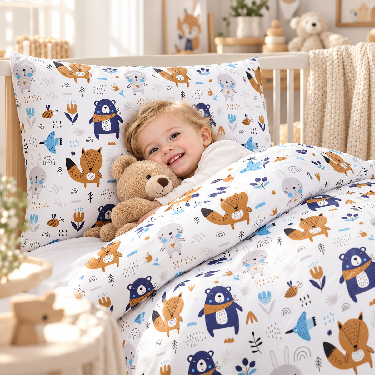 Baby Bedding 2pc 120x90cm Pillowcase Duvet Cover BOHO Animals Navy