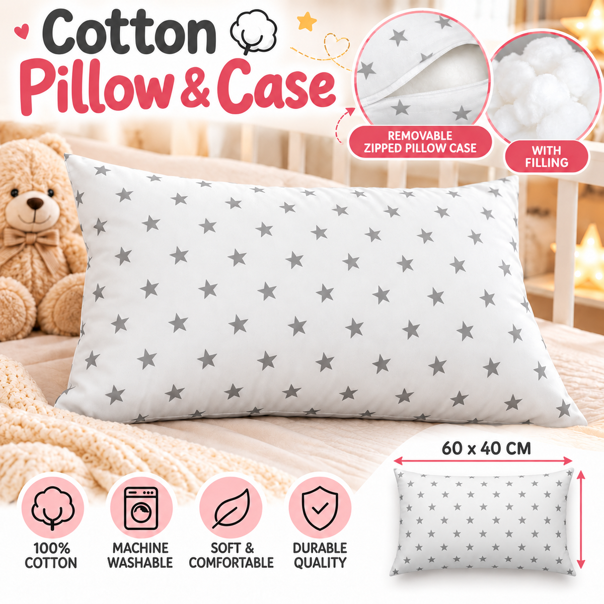 Pillow with Filling 60x40 cm – Small Grey Stars on White