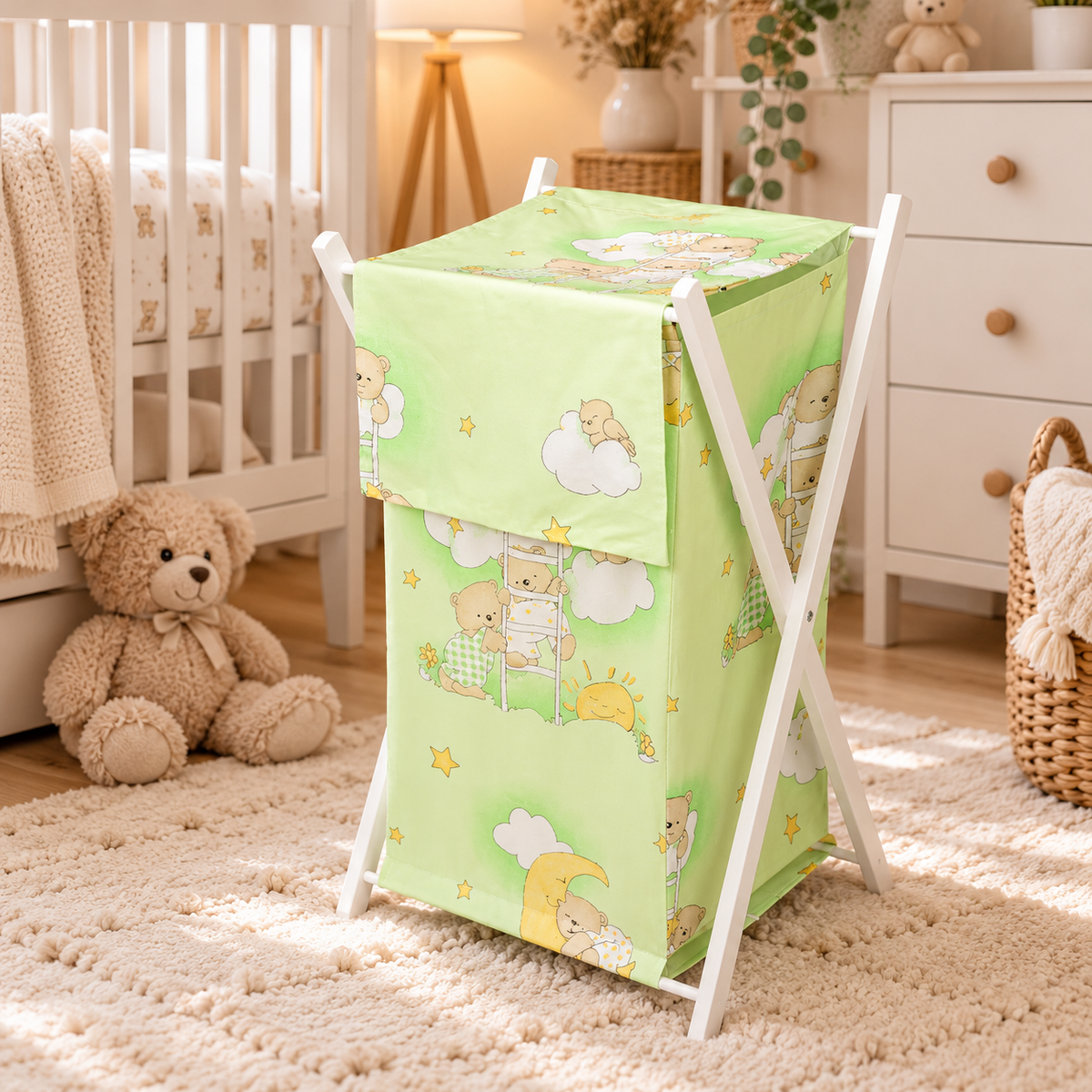 Laundry Basket with white wooden frame and storage removable linen Ladder Green