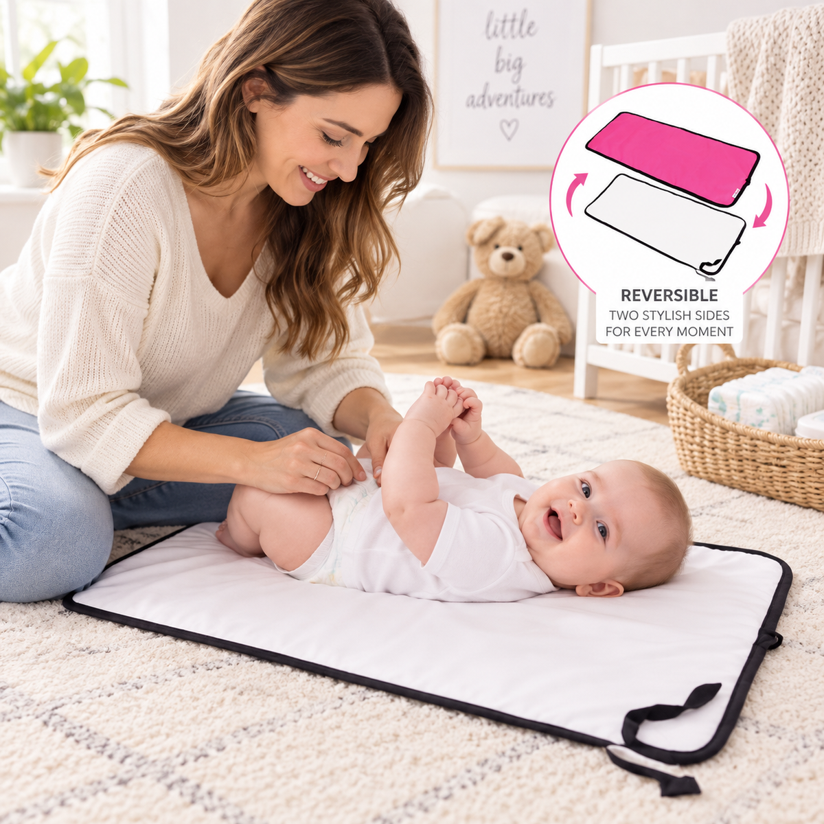 Portable Baby Changing Mat  Waterproof, Reversible & Foldable Travel Nappy Changing Pad (Pink)
