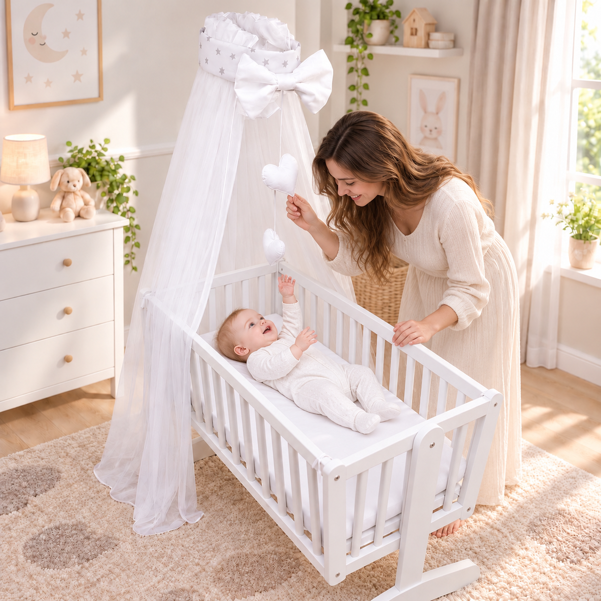 Baby Crib Canopy Mosquito Net with Holder, Decorative Bow & Hanging Hearts – Small grey stars on white