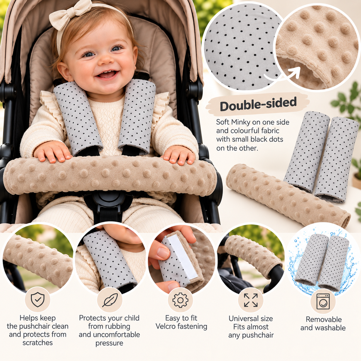 3 Piece Soft Padded Reversible Pushchair Stroller Strap Pads & Bumper Bar Cover Set – Beige/Dots