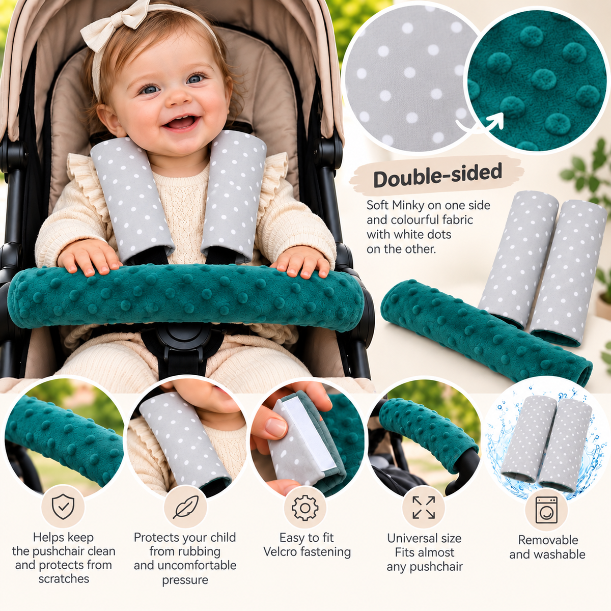 3 Piece Soft Padded Reversible Pushchair Stroller Strap Pads & Bumper Bar Cover Set – Green/Dots