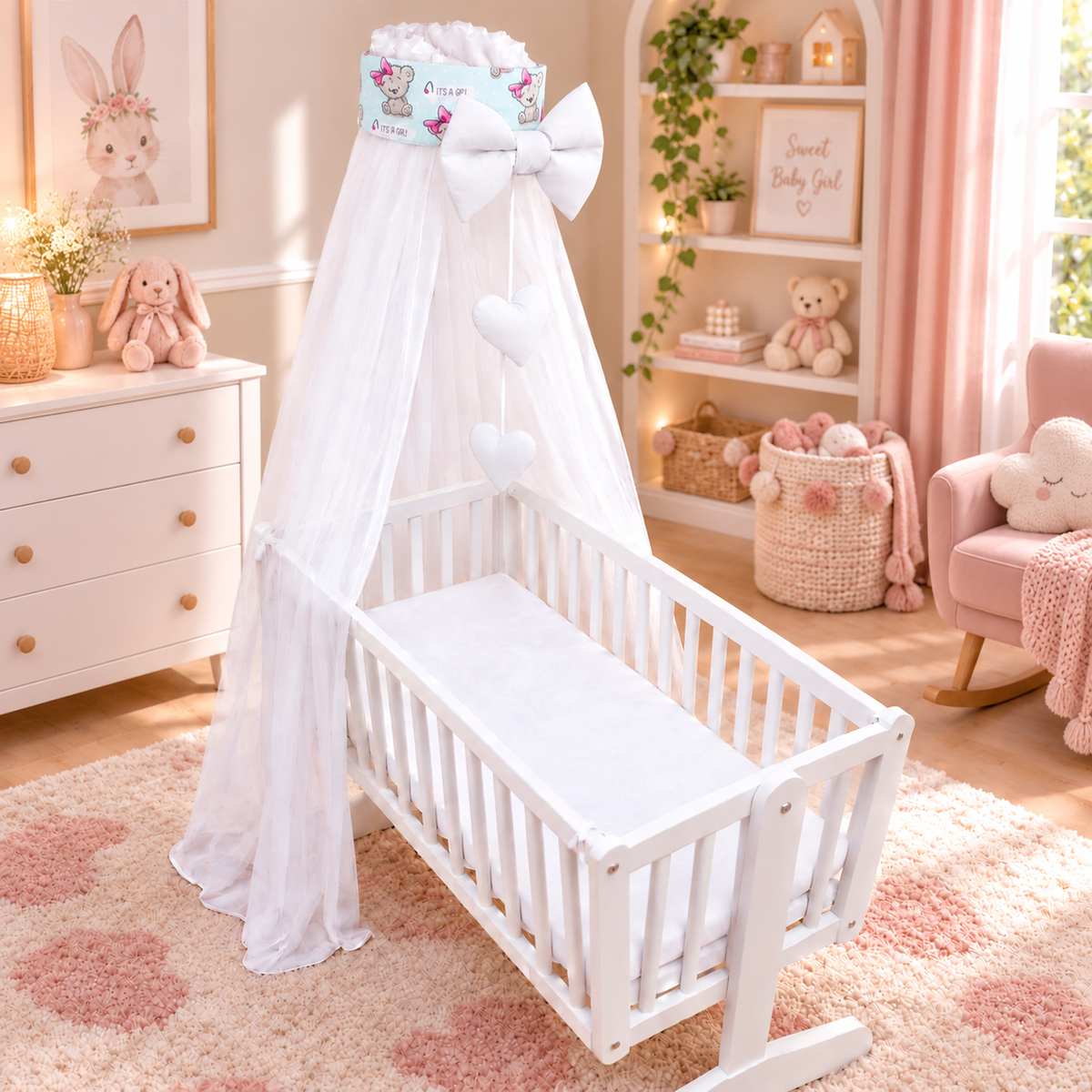 Baby Crib Canopy Mosquito Net with Holder, Decorative Bow & Hanging Hearts – Teddy Girl Mint