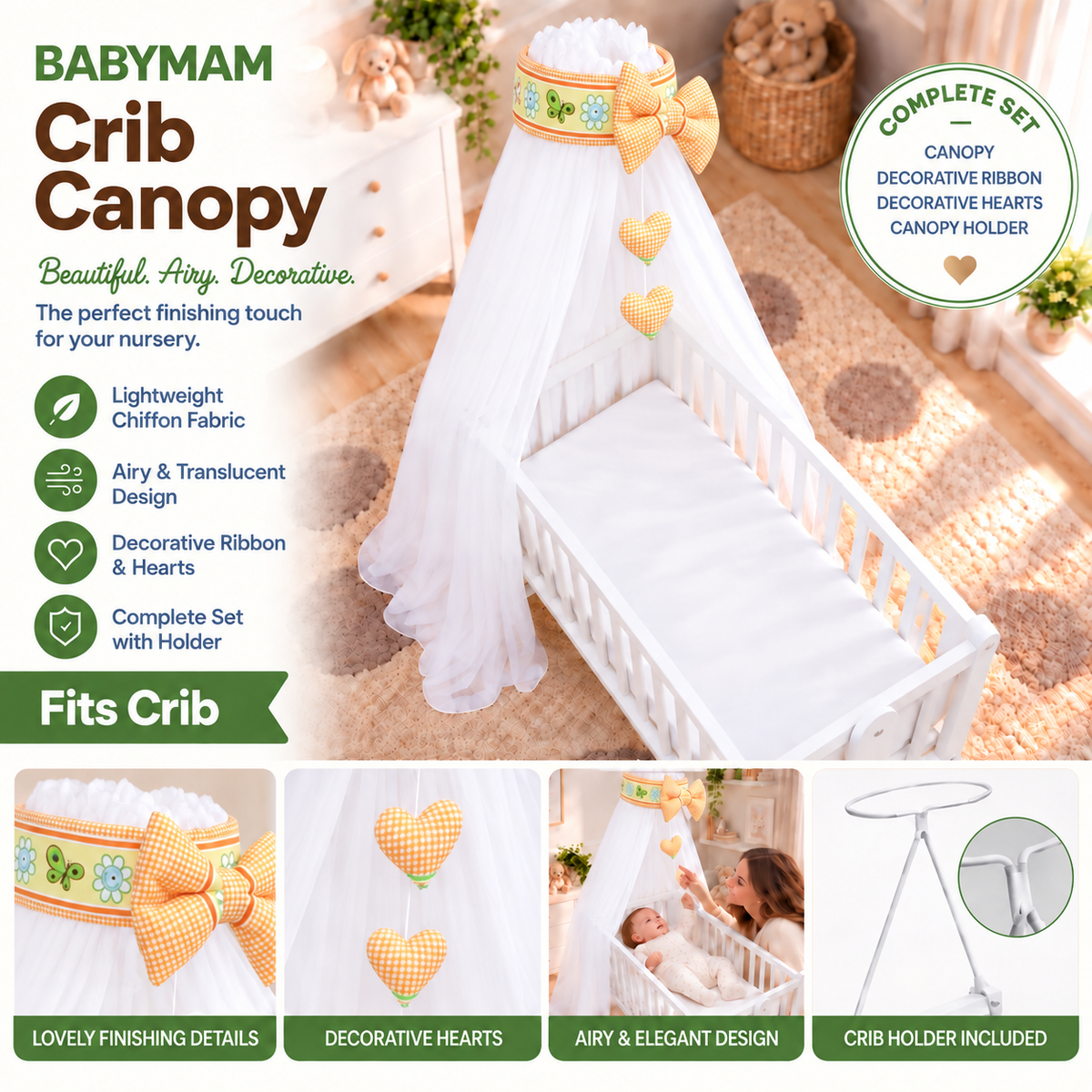 Baby Crib Canopy Mosquito Net with Holder, Decorative Bow & Hanging Hearts – Dino Orange