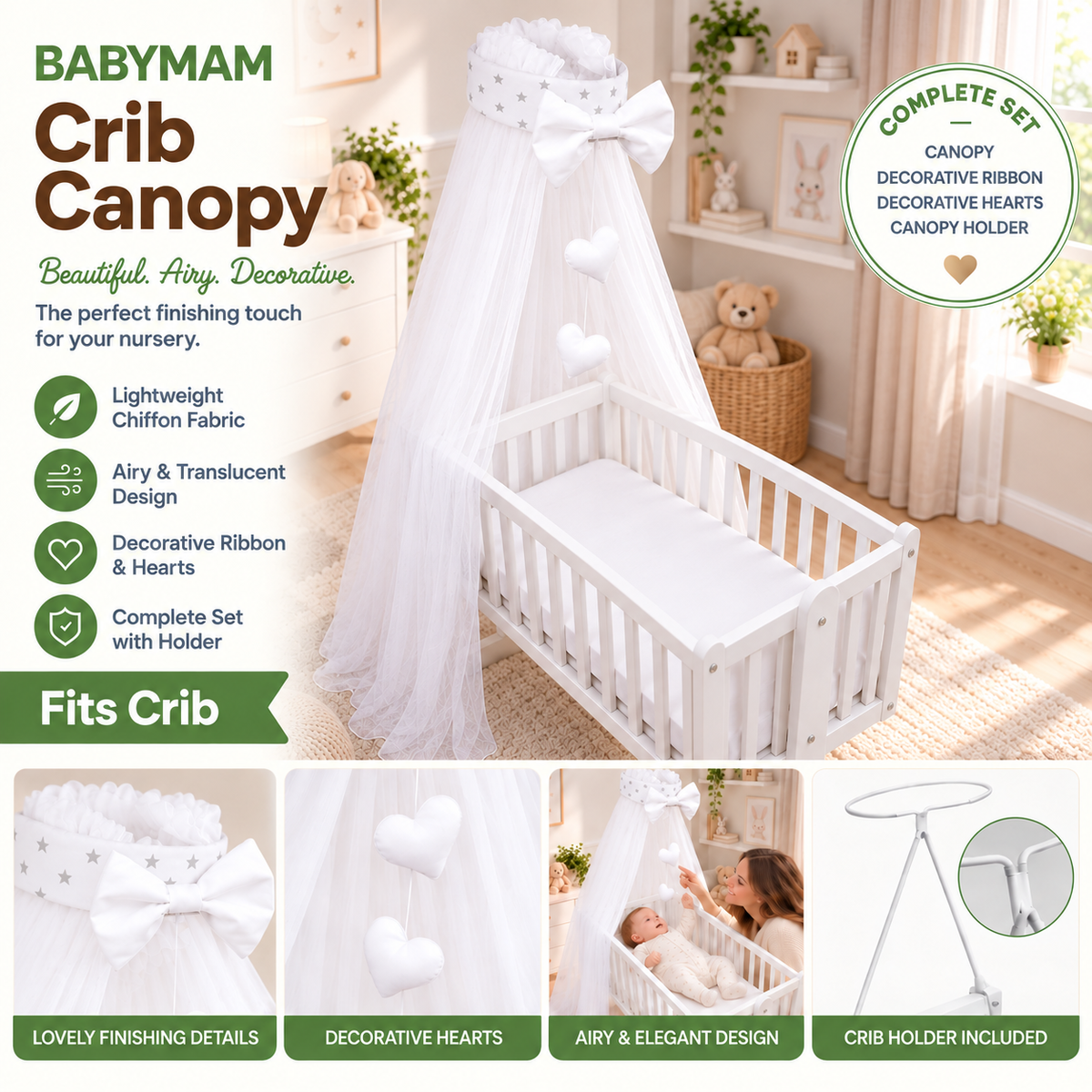 Baby Crib Canopy Mosquito Net with Holder, Decorative Bow & Hanging Hearts – Small grey stars on white