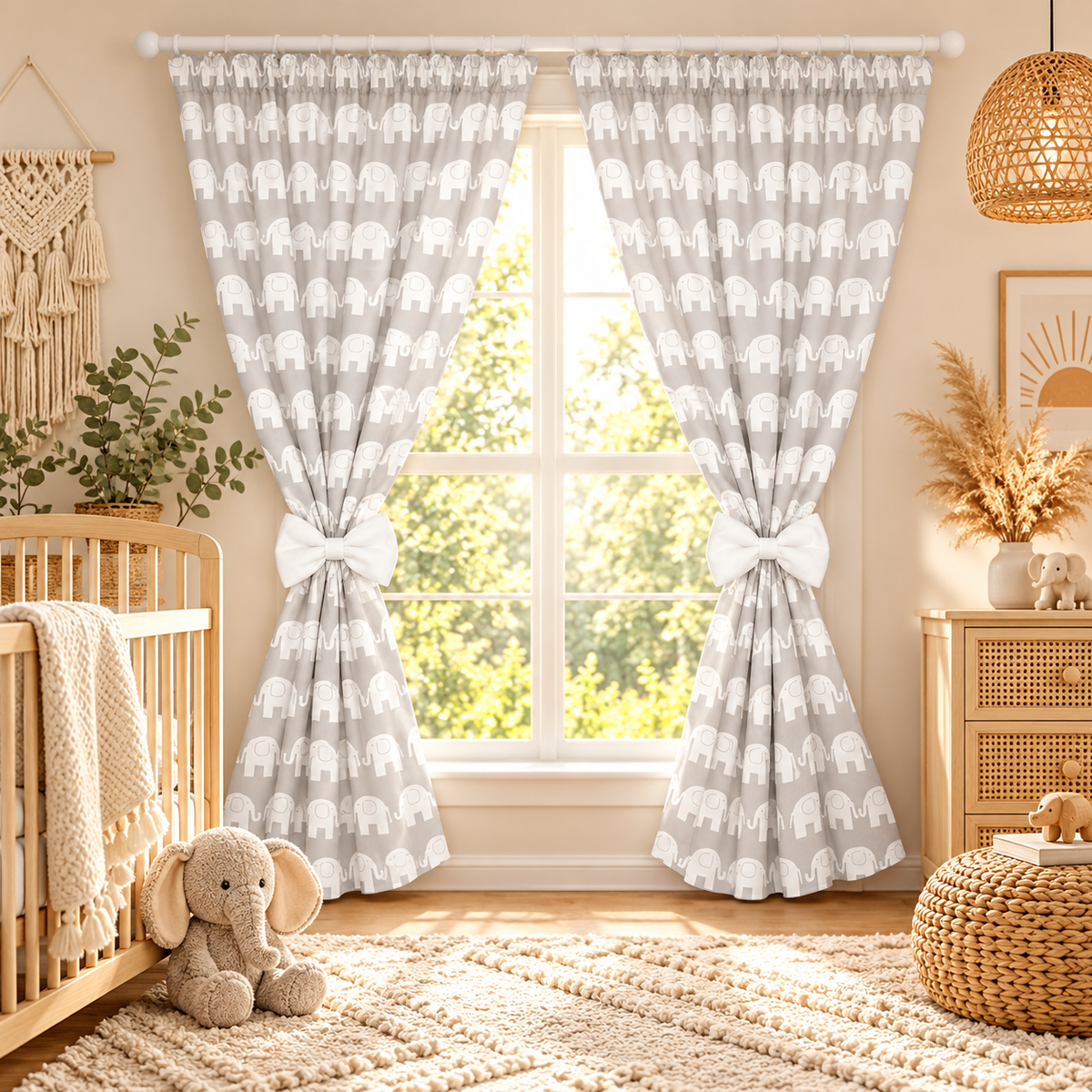 Nursery Curtains for Babies & Toddler's Bedroom Elephants grey