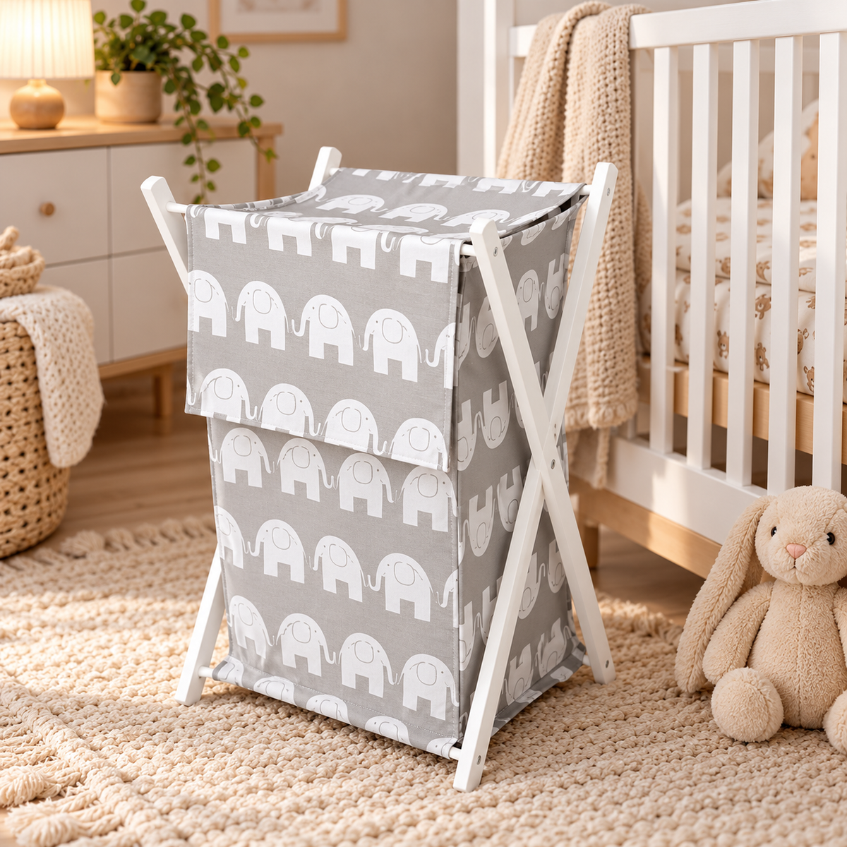 Laundry Basket with white wooden frame and storage removable linen ELEPHANTS GREY