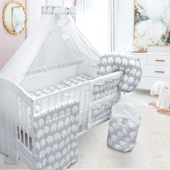 Baby Cot Bedding Set 14Pc Fit Cot 120x60cm Elephants Grey - MyHappy Baby