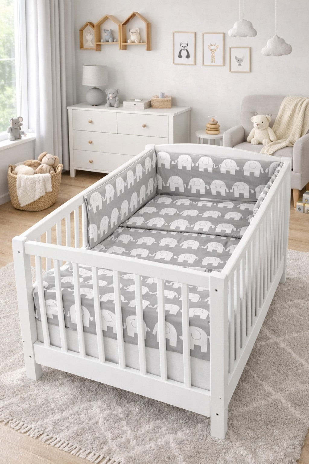 Baby 3Pc Bedding Set Cotton Pillow Duvet Bumper Fit Cot 120x60cm Elephants On Grey - MyHappy Baby