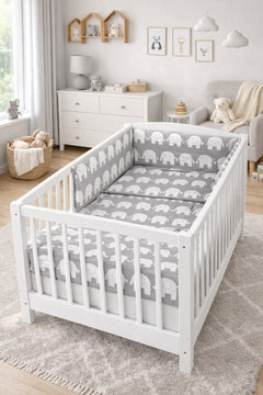 Baby 3Pc Bedding Set Cotton Pillow Duvet Bumper Fit Cot 120x60cm Elephants On Grey - MyHappy Baby