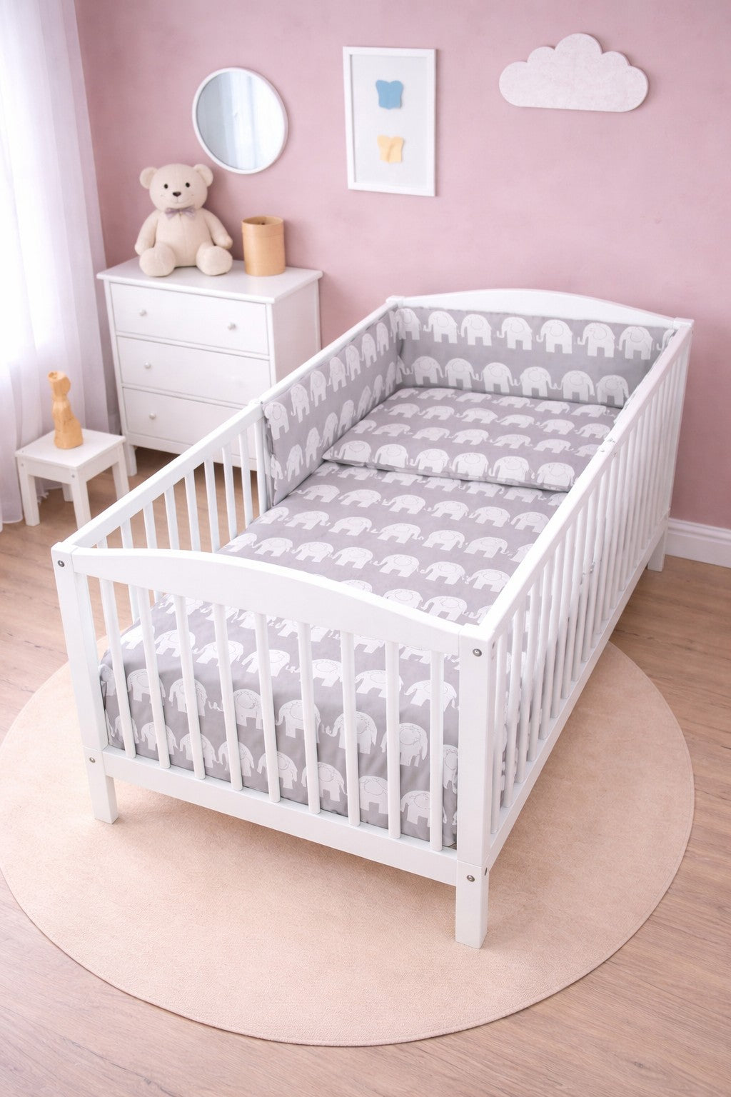 Baby Bedding 6Pc Cotton Set Pillow Duvet Bumper Cot 120x60cm Elephants Grey - MyHappy Baby