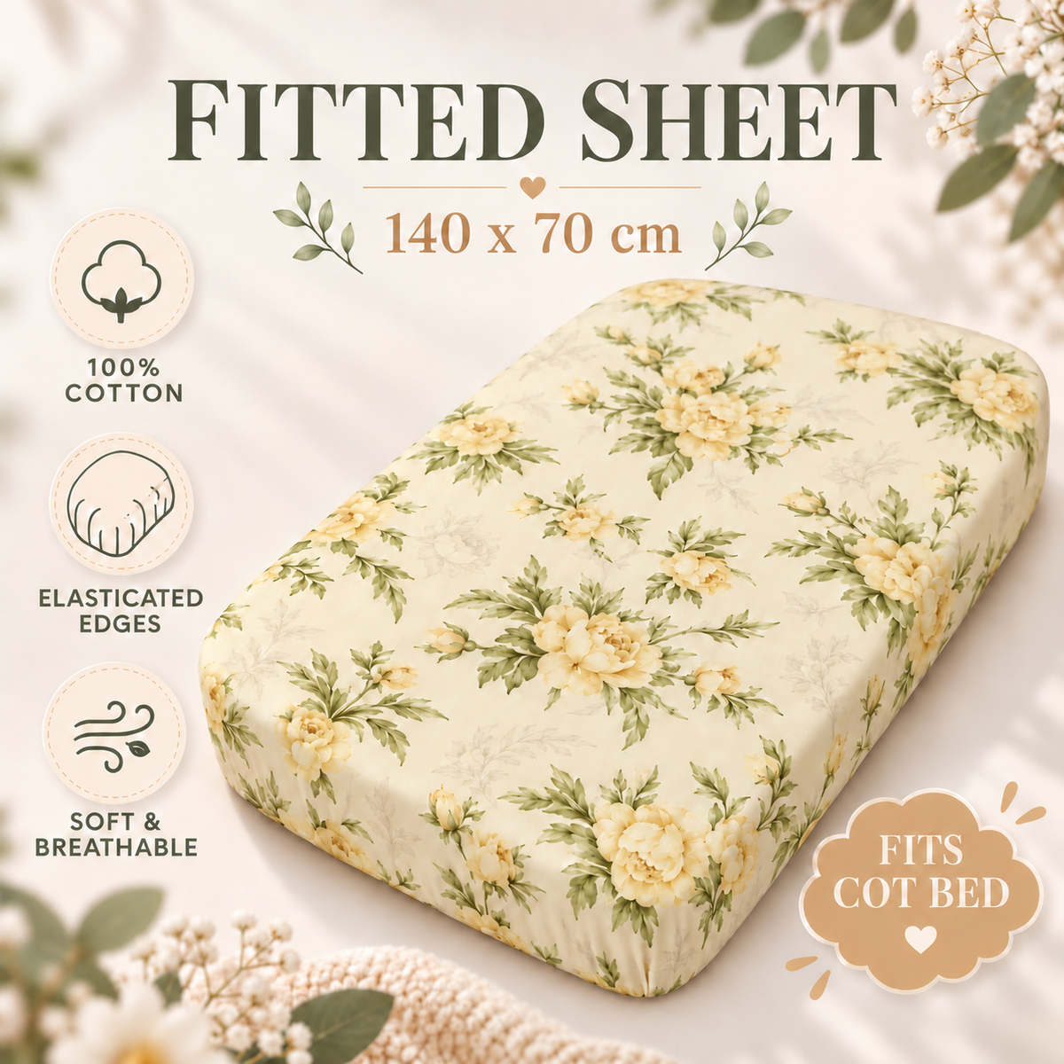 Baby Cot Bed fitted sheet 140 x 70 cm 100% Cotton - Peony Vanilla