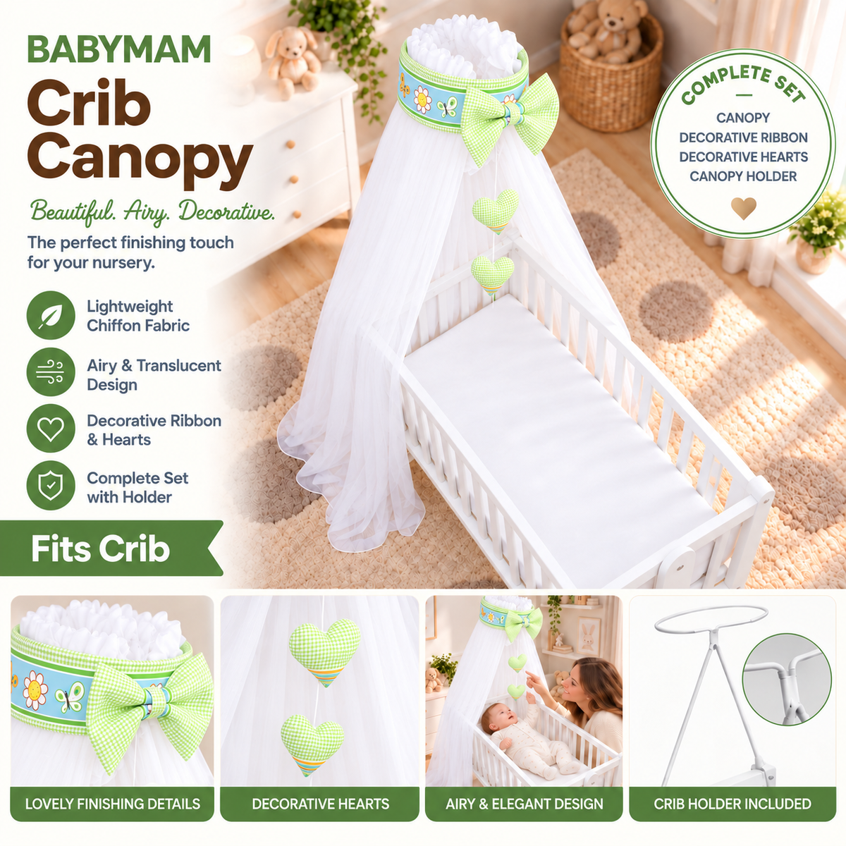 Baby Crib Canopy Mosquito Net with Holder, Decorative Bow & Hanging Hearts – Dino Green