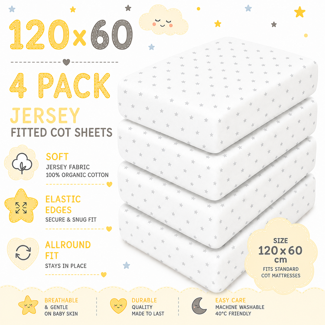BABYMAM 4 Pack Cot Fitted Sheets 120x60 cm, 100% Organic Jersey Cotton Baby Cot Sheets, Soft Breathable Baby Bedding, Elasticated Mattress Covers (Small Stars with White)