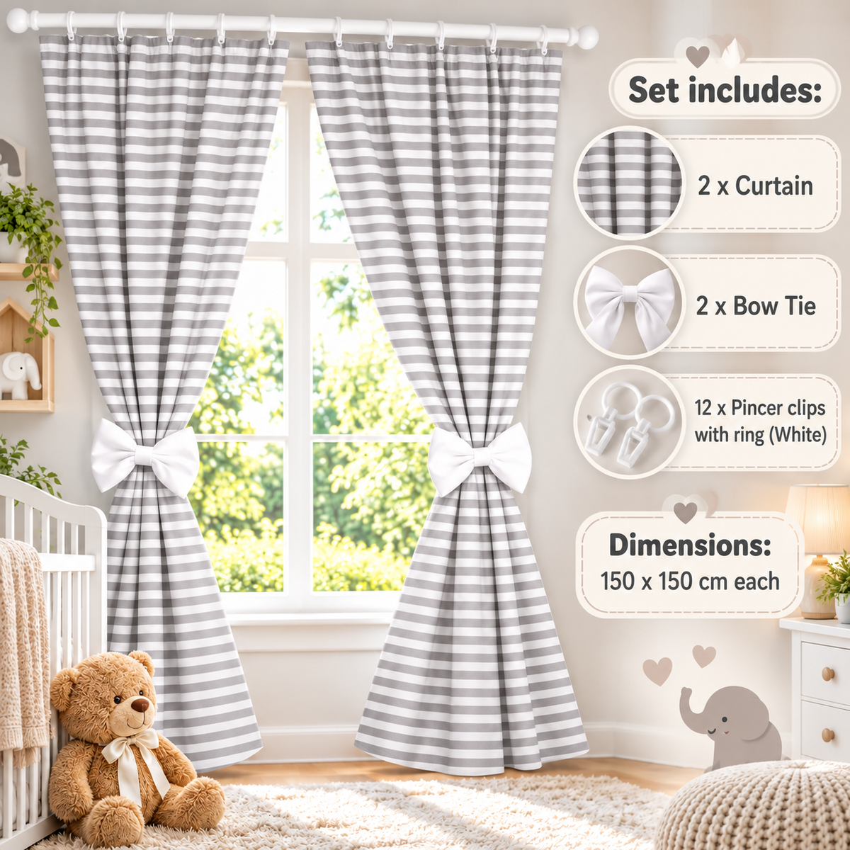 Nursery Curtains for Babies & Toddler's Bedroom Stripes grey