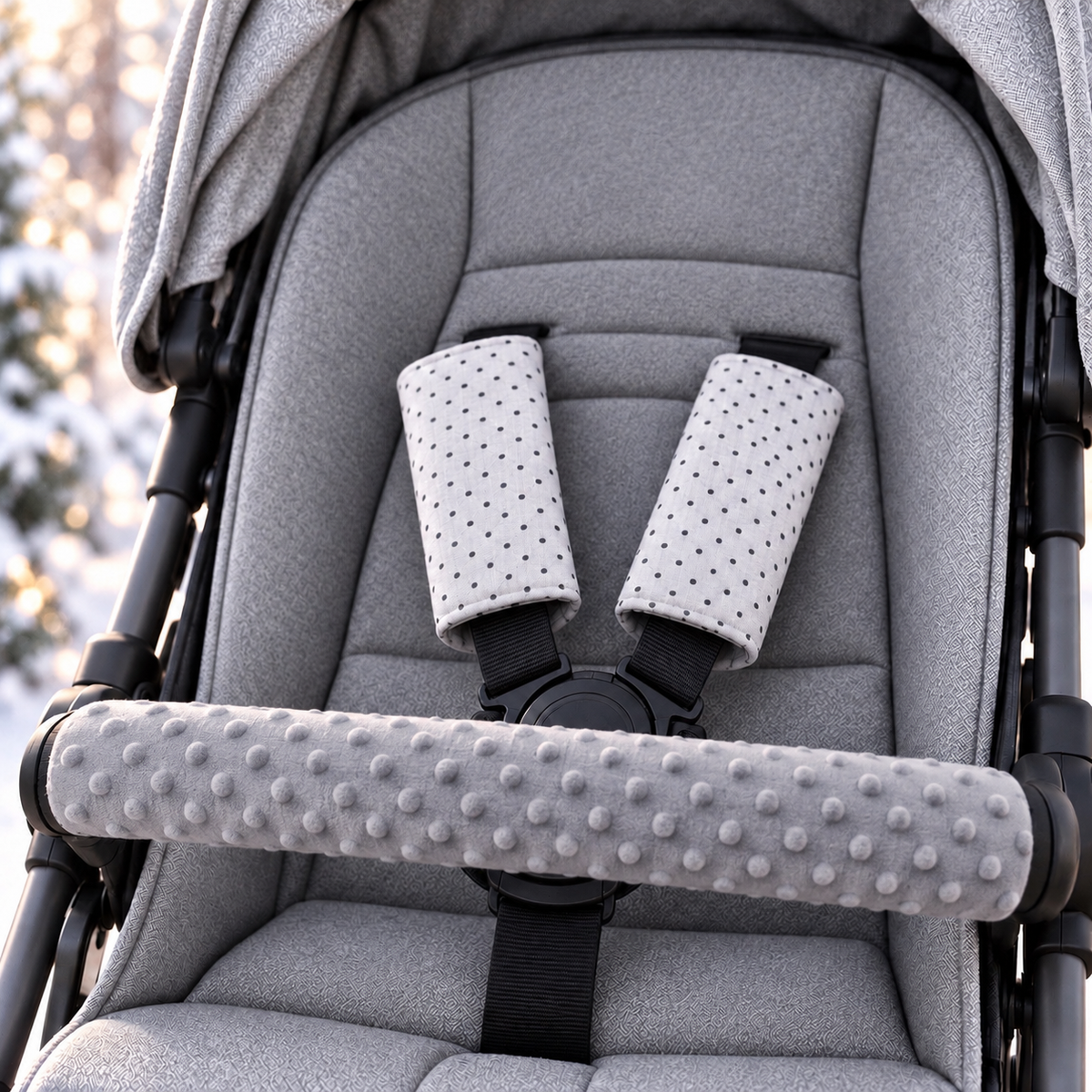 3 Piece Soft Padded Reversible Pushchair Stroller Strap Pads & Bumper Bar Cover Set – Graphite/Dots