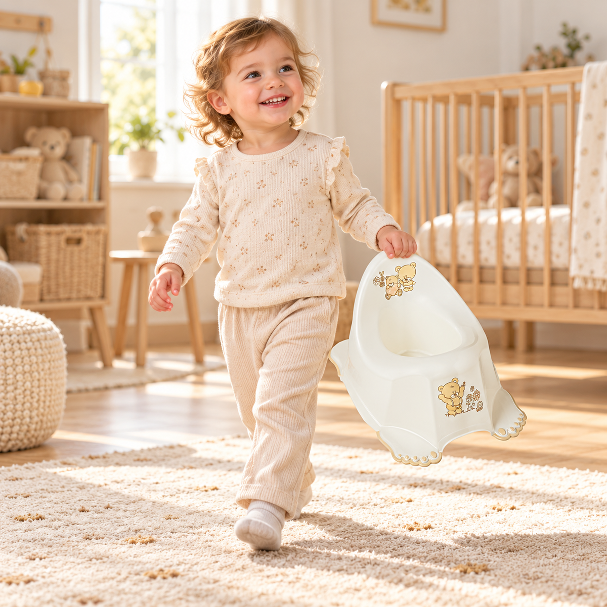 Children's Potty for Toilet Training Non-Slip Feet Ergonomic Toddler Potty with High Backrest - Teddy white