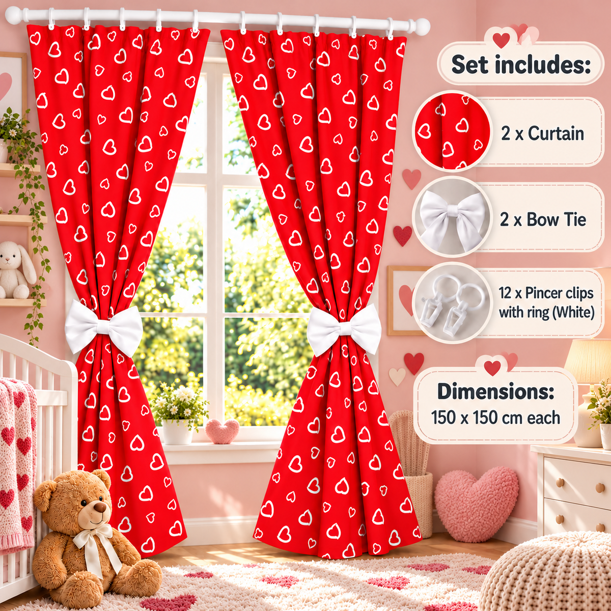 Nursery Curtains for Babies & Toddler's Bedroom White hearts on red