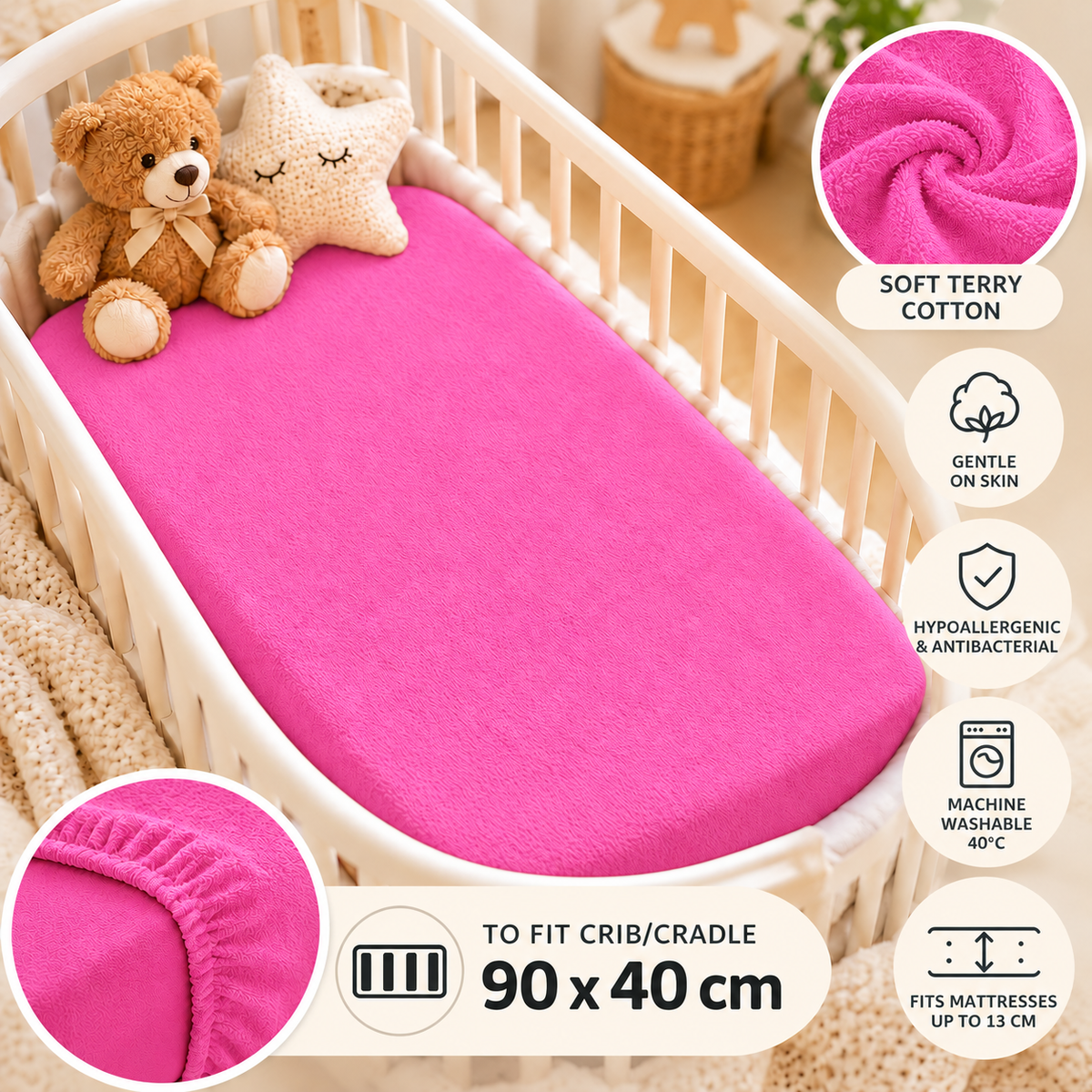 Terry Towelling Fitted Sheet 90X40cm Nursery Baby Crib/Cradle/ Soft/ Frotte Pink