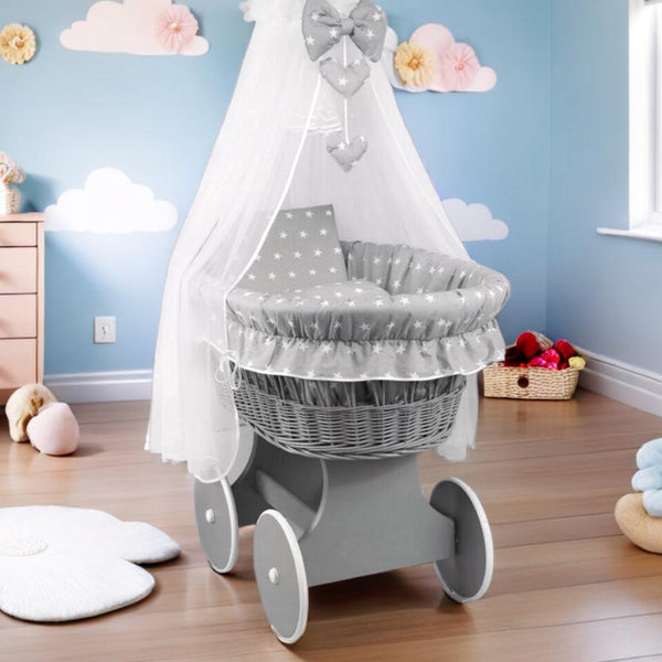 Luxury Moses Basket Grey + Wheels Stand + Full Bedding Small White Stars with Grey