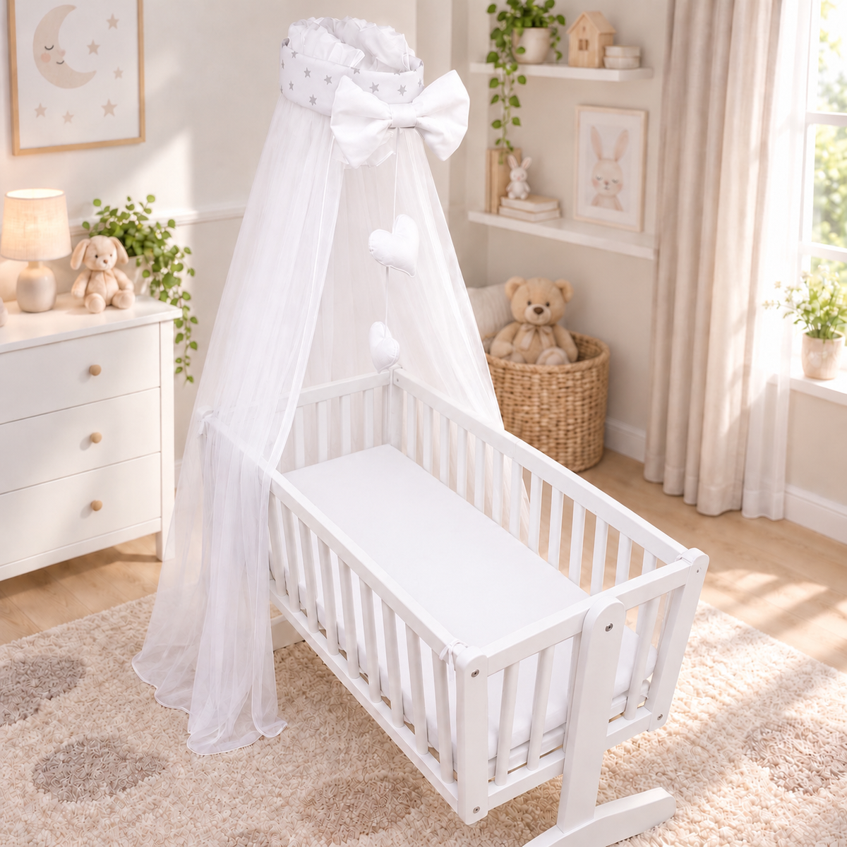 Baby Crib Canopy Mosquito Net with Holder, Decorative Bow & Hanging Hearts – Small grey stars on white