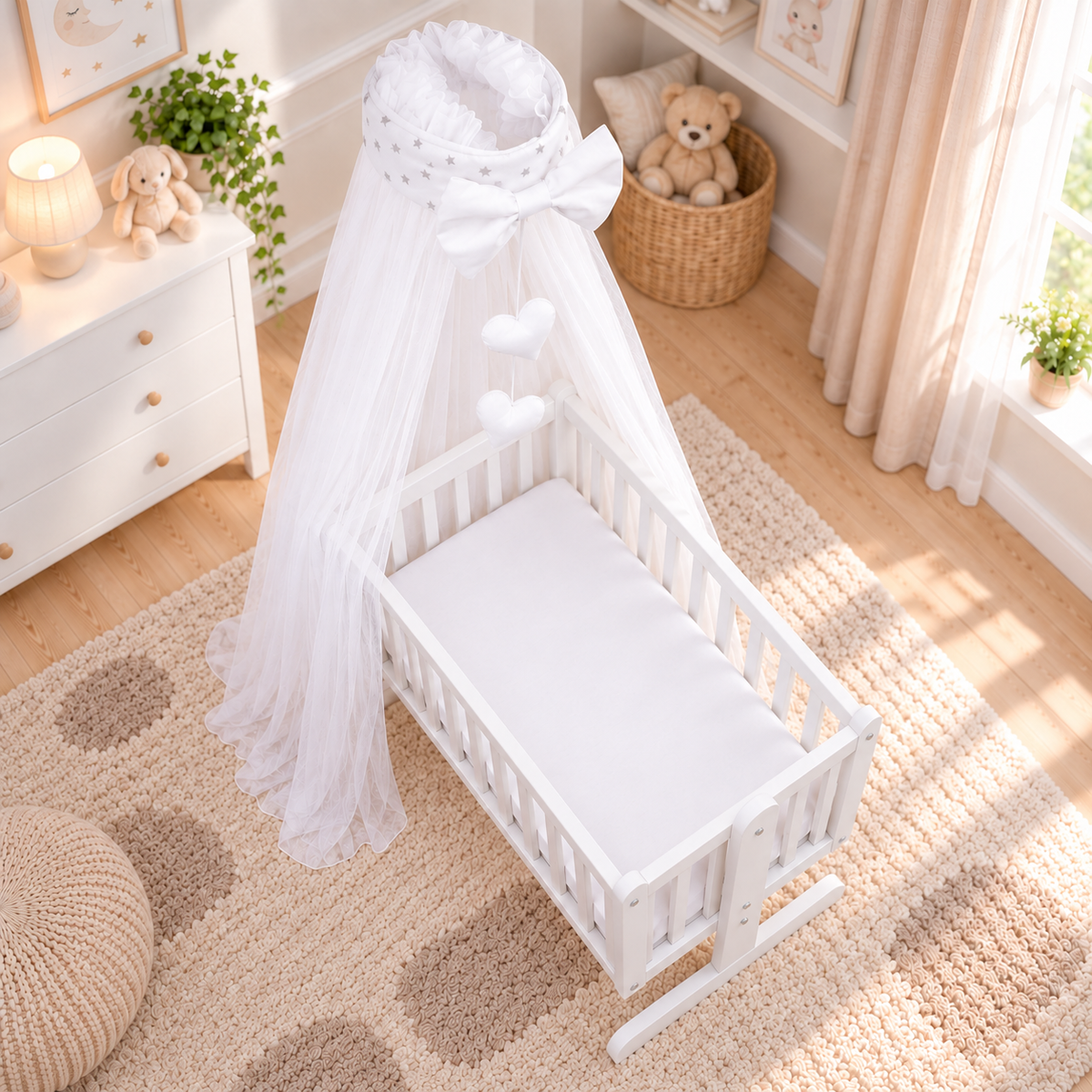 Baby Crib Canopy Mosquito Net with Holder, Decorative Bow & Hanging Hearts – Small grey stars on white