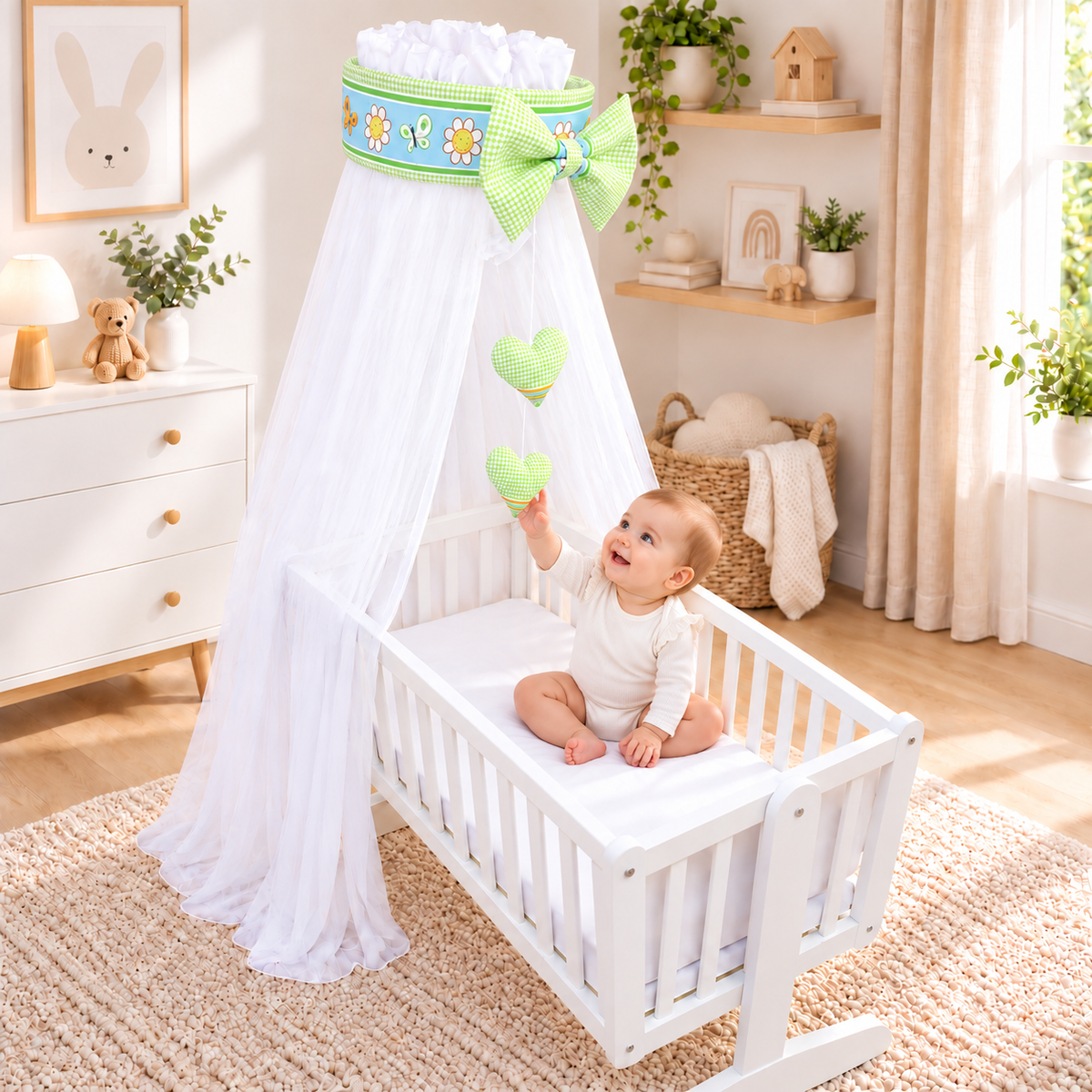 Baby Crib Canopy Mosquito Net with Holder, Decorative Bow & Hanging Hearts – Dino Green