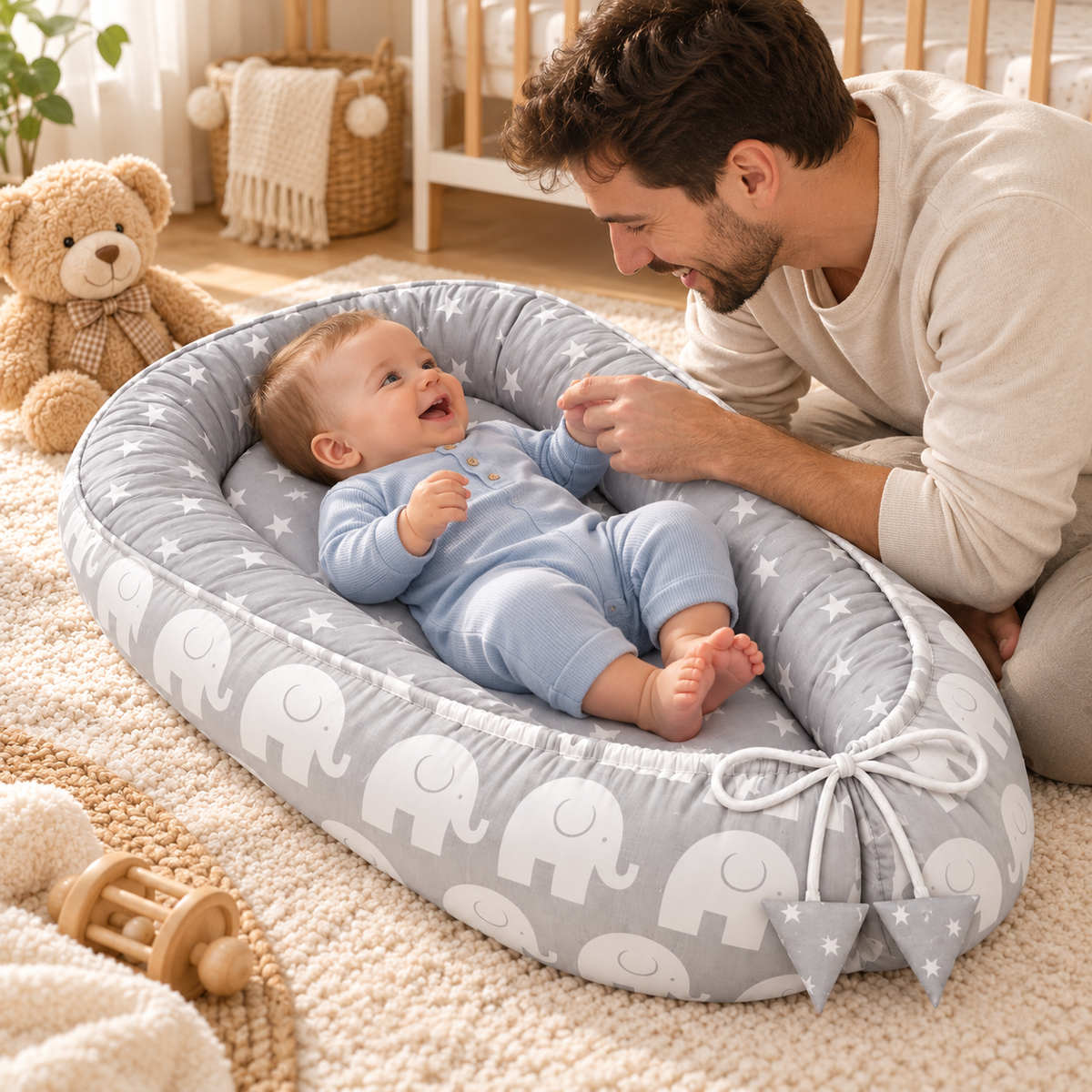 Baby Cocoon Nest  Double-Sided Reversible Baby Lounger with Removable Insert Elephants grey/Small stars