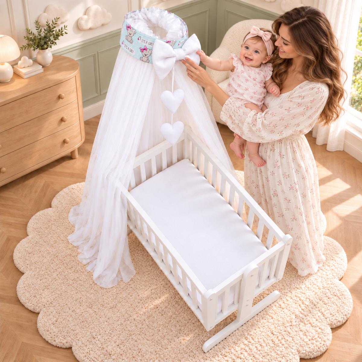 Baby Crib Canopy Mosquito Net with Holder, Decorative Bow & Hanging Hearts – Teddy Girl Mint