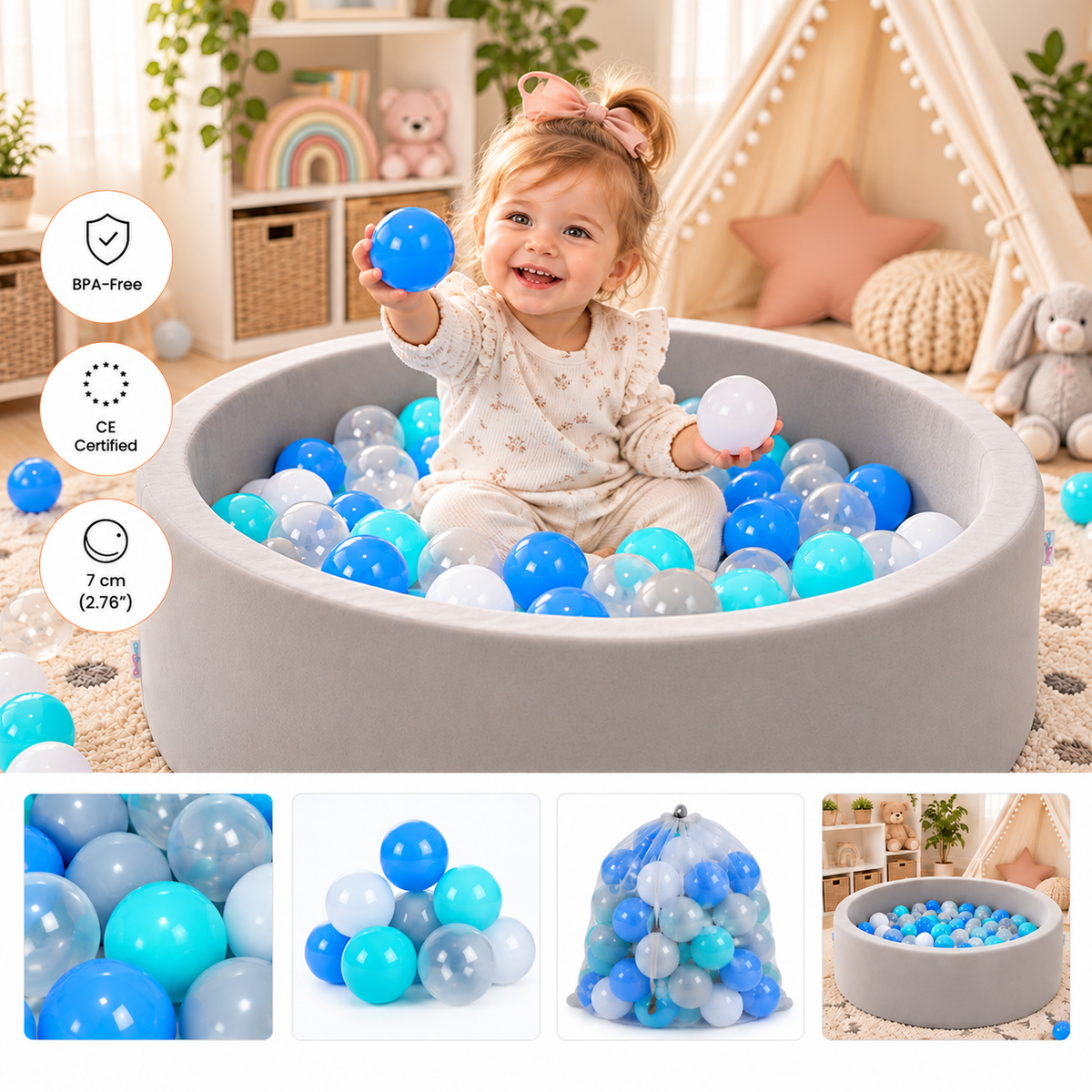 Pool Ball Pit with 200 Balls Soft Foam Toddler Baby Kids Girls Boys Play Round Pool Playpen Removable Cover- Grey