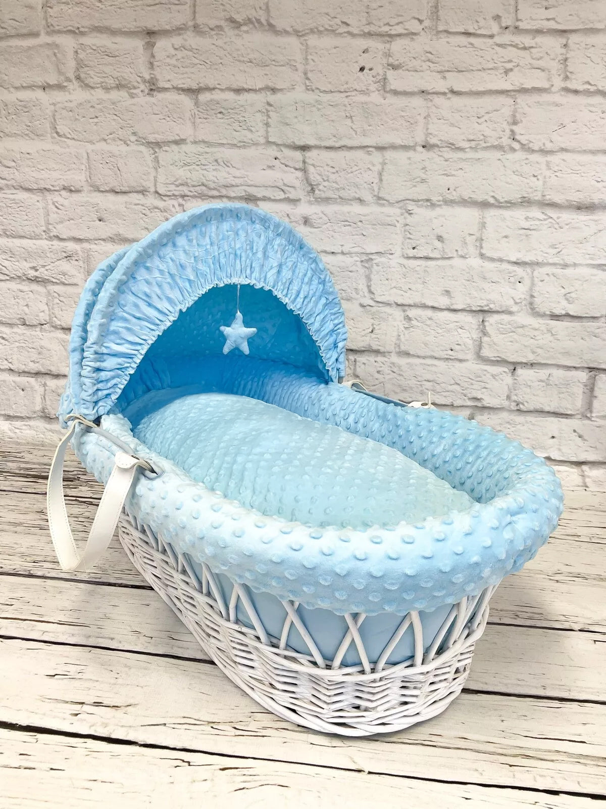 Luxury Moses Basket Padded White Wicker Baby Full Set - Blue