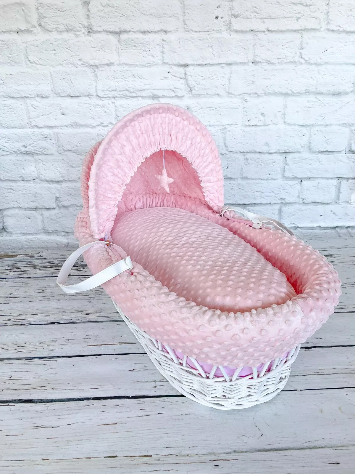 Luxury Moses Basket Padded White Wicker Baby Full Set -Pink