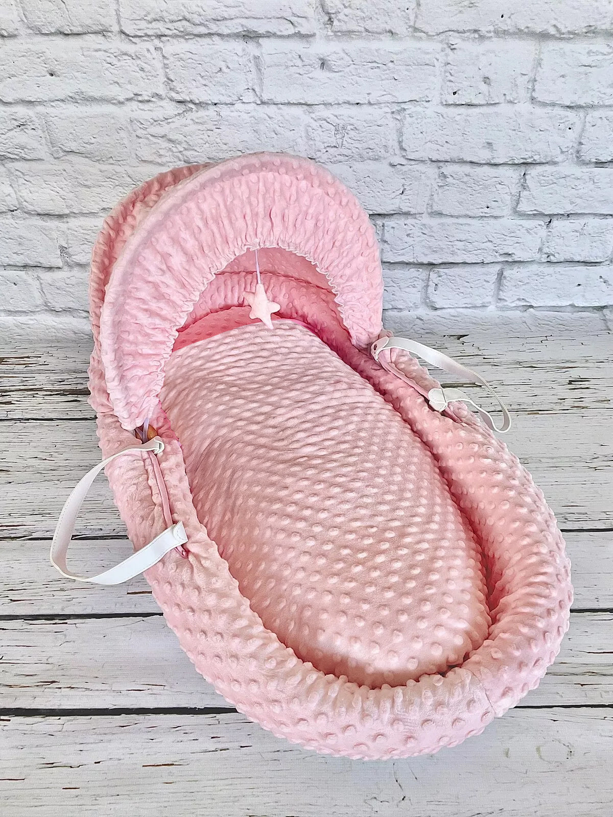 Luxury Moses Basket Padded White Wicker Baby Full Set -Pink