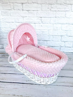 Luxury Moses Basket Padded White Wicker Baby Full Set -Pink - MyHappy Baby