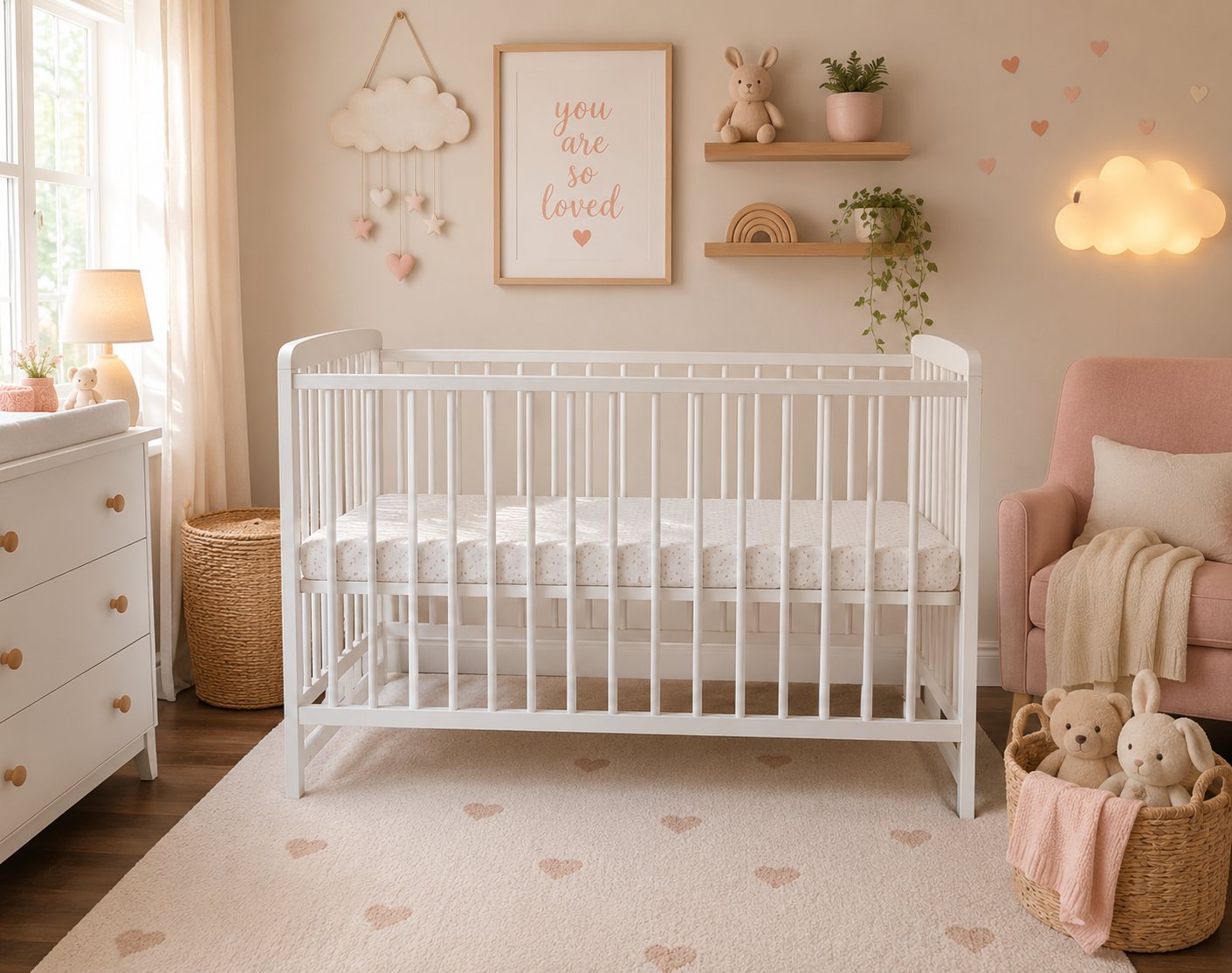 Luxury Baby Cot Crib Bed Free Mattress 120x60cm Newborn White